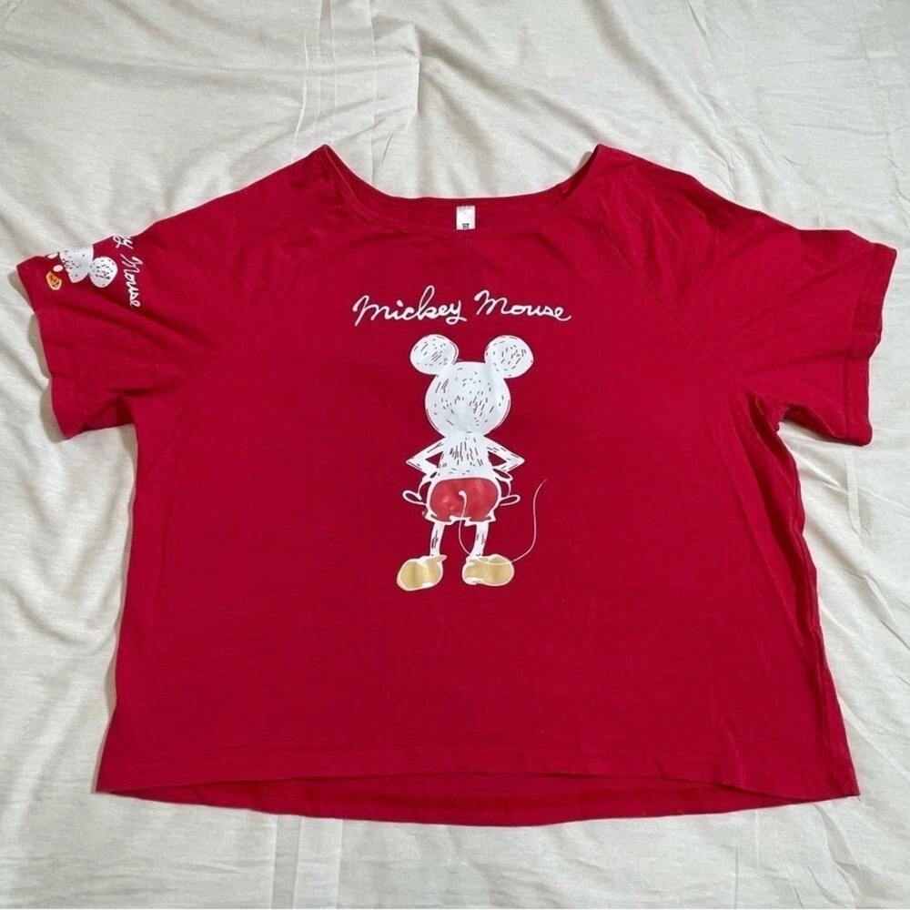 Disney Mickey Mouse T-Shirt Women L Graphic Back View Cotton Red Solid